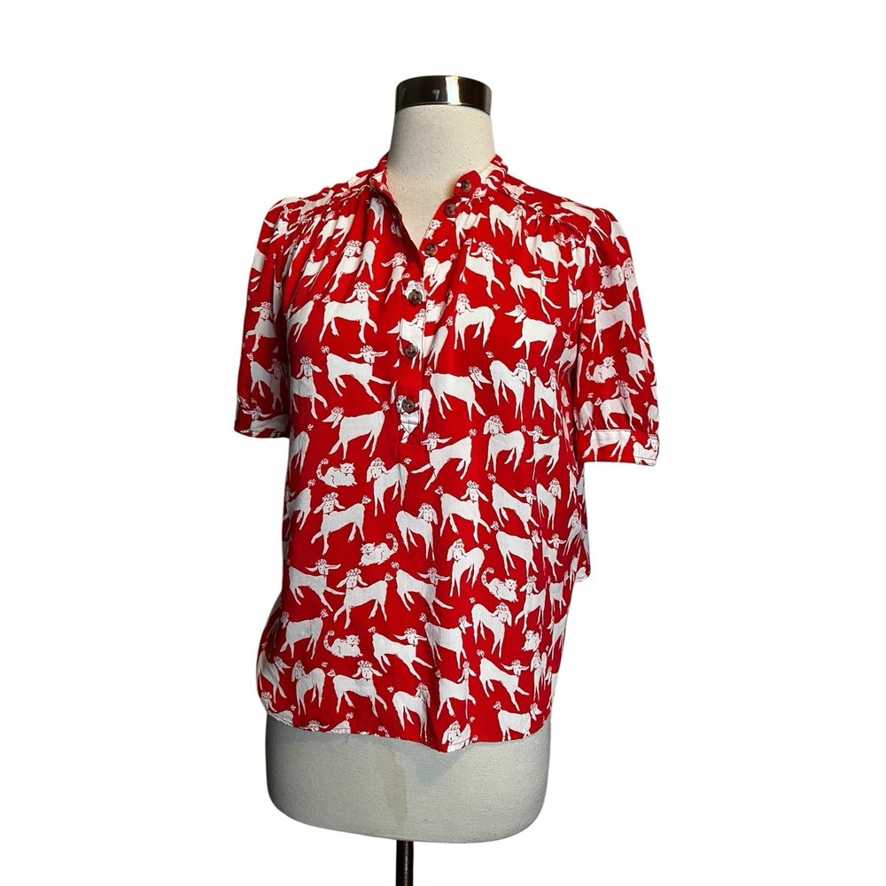 Anthropologie Emily Isabella Robina Top XS Red Dog Cat Novelty Print
